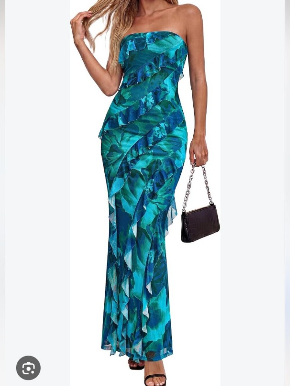 Strapless Ruffle Midi Dress in Teal and Blue